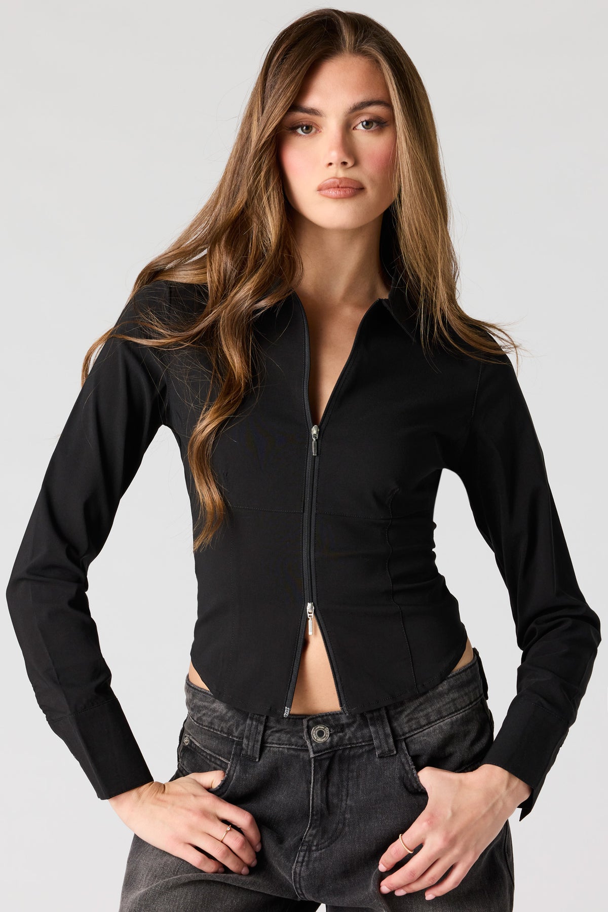 2-Way Zip-Up Long Sleeve Collared Top - Black