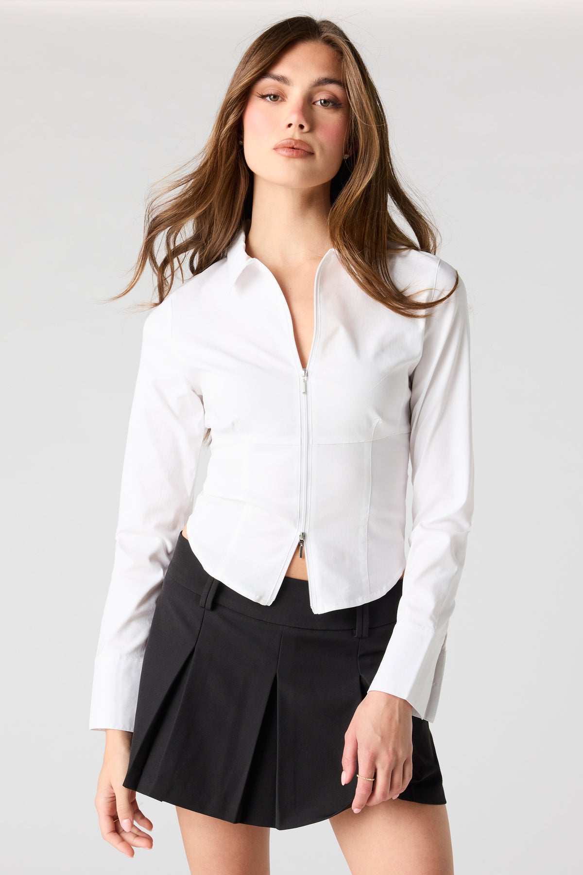 2-Way Zip-Up Long Sleeve Collared Top - White
