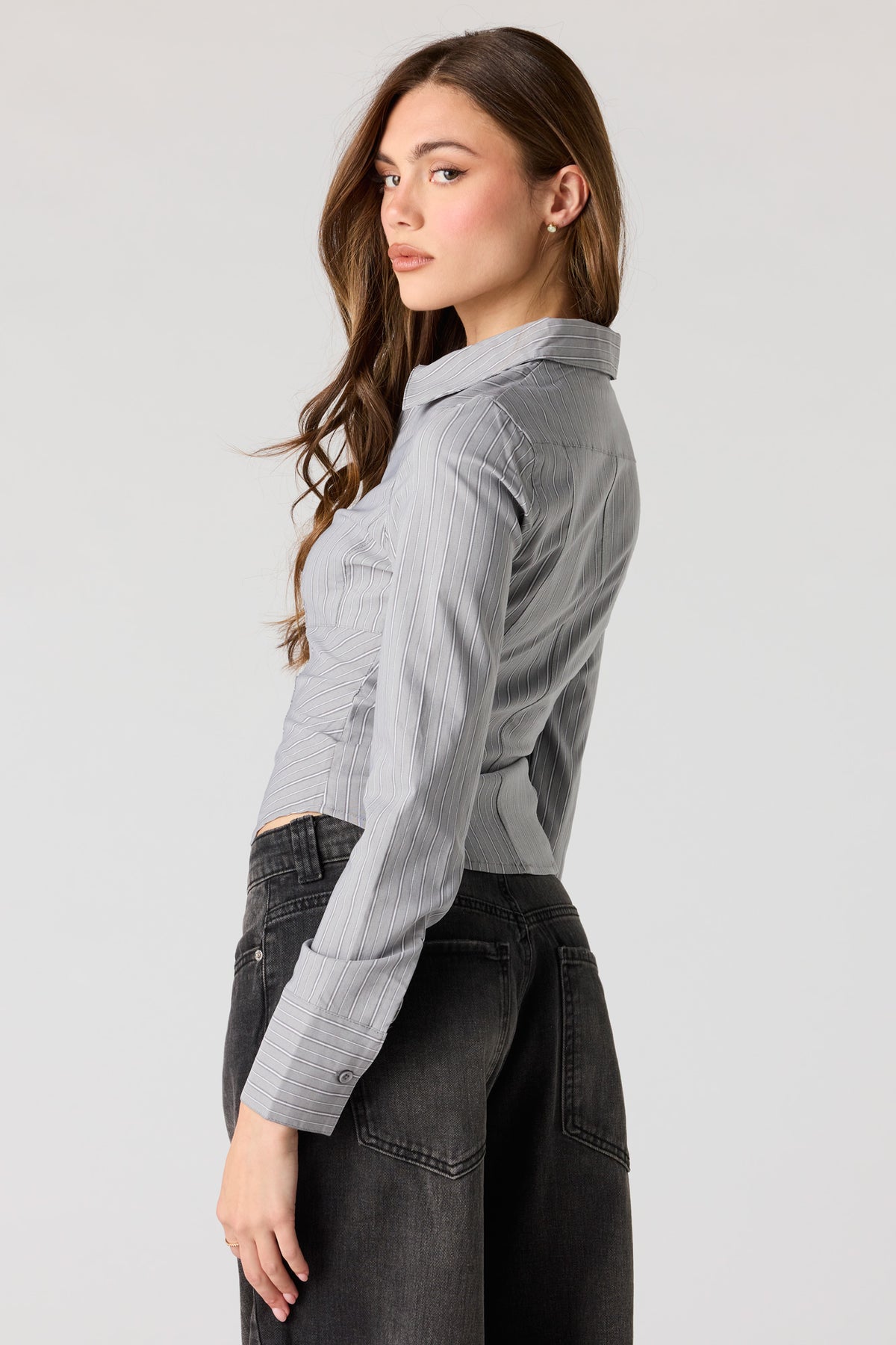 Alt View 2. 2-Way Zip-Up Long Sleeve Collared Top - Grey Blue
