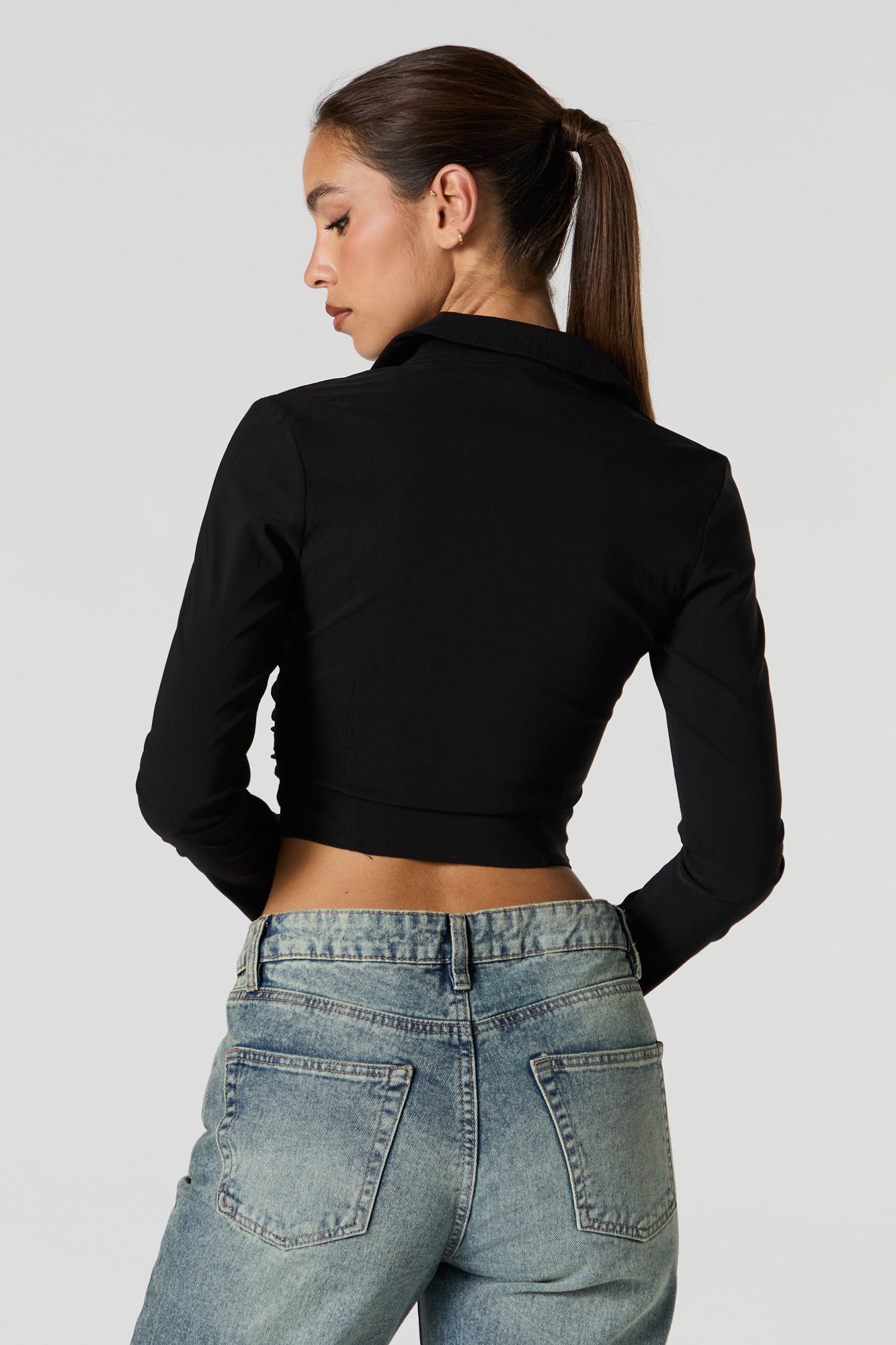 Zip-Up Collared Long Sleeve Crop Top