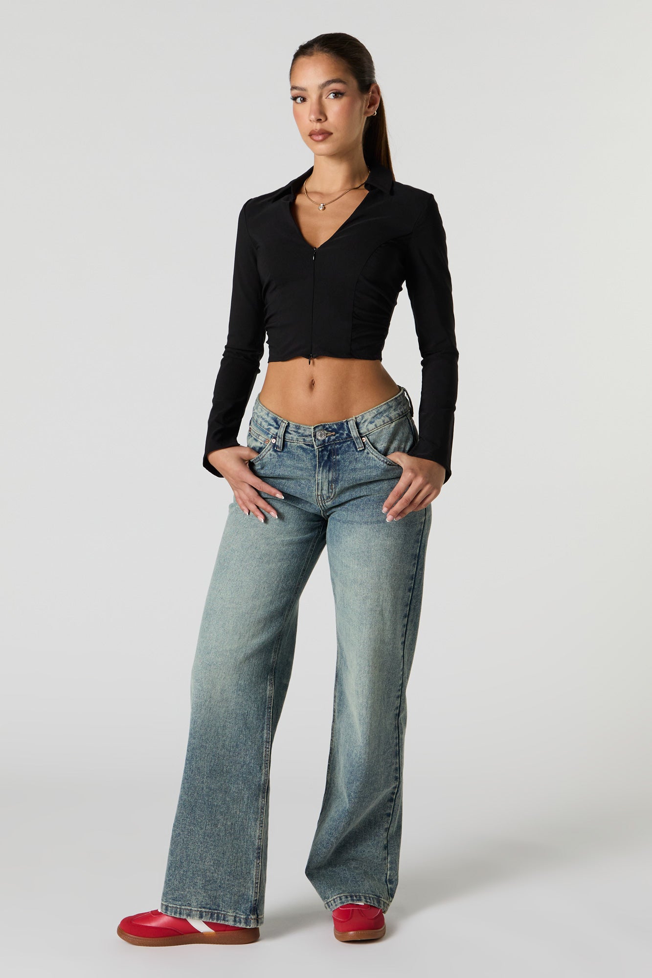 Zip-Up Collared Long Sleeve Crop Top