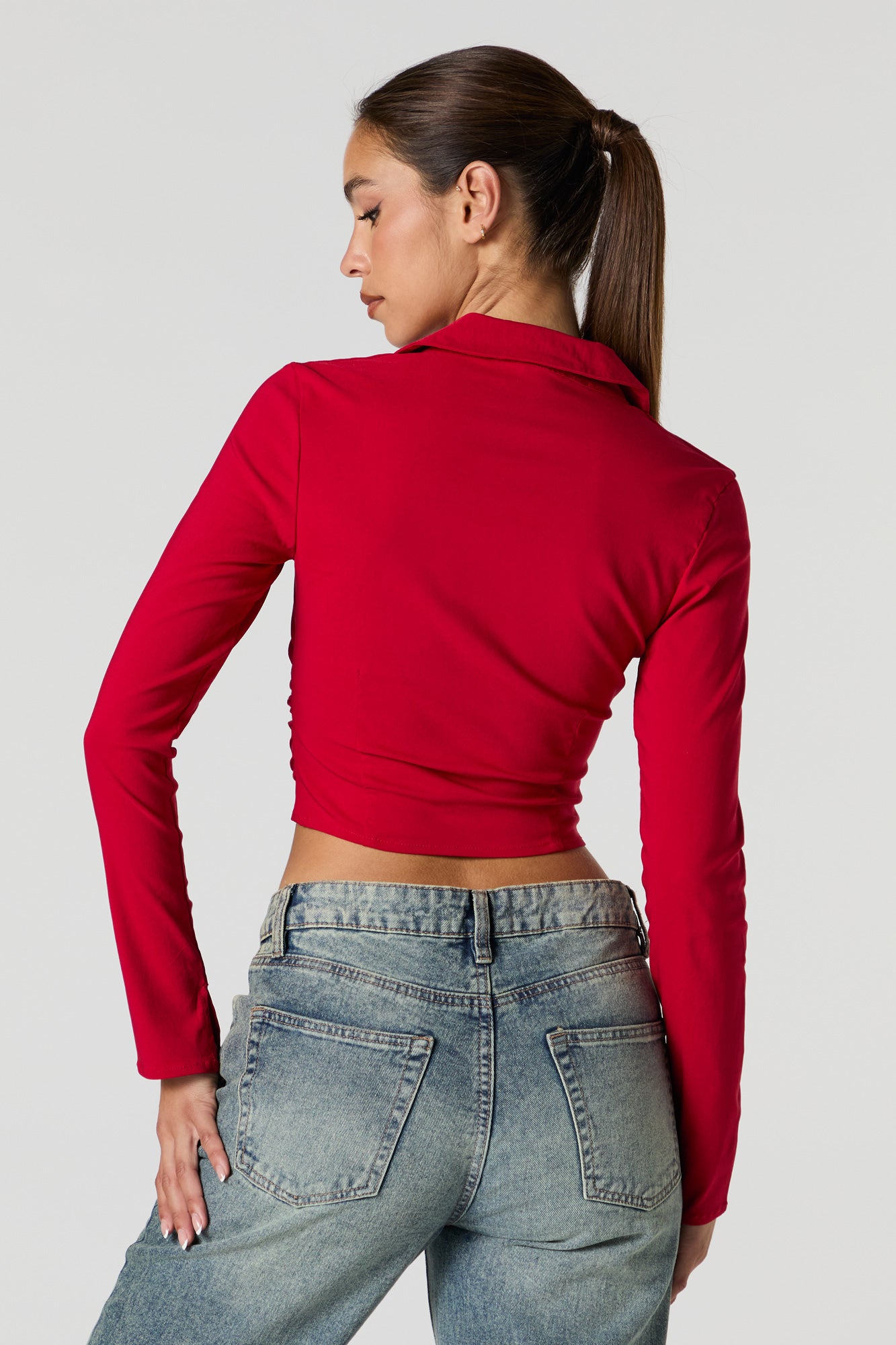 Zip-Up Collared Long Sleeve Crop Top