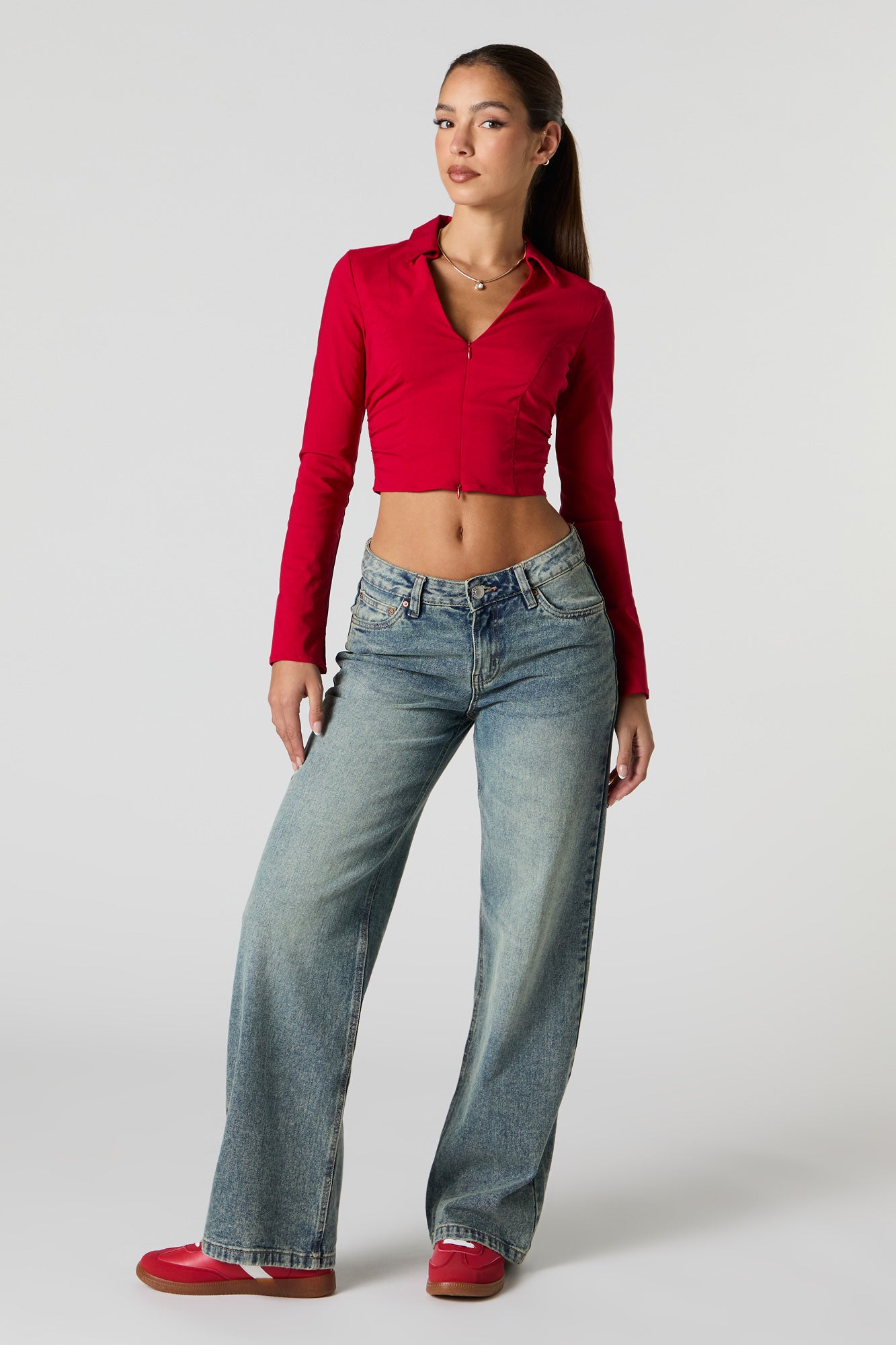 Zip-Up Collared Long Sleeve Crop Top