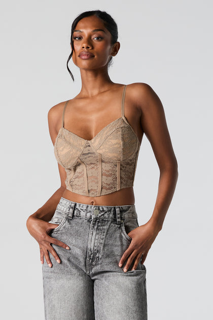 Camisole corset courte en dentelle fleurie