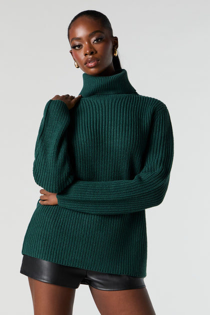 Ribbed Knit Turtleneck Tunic Sweater