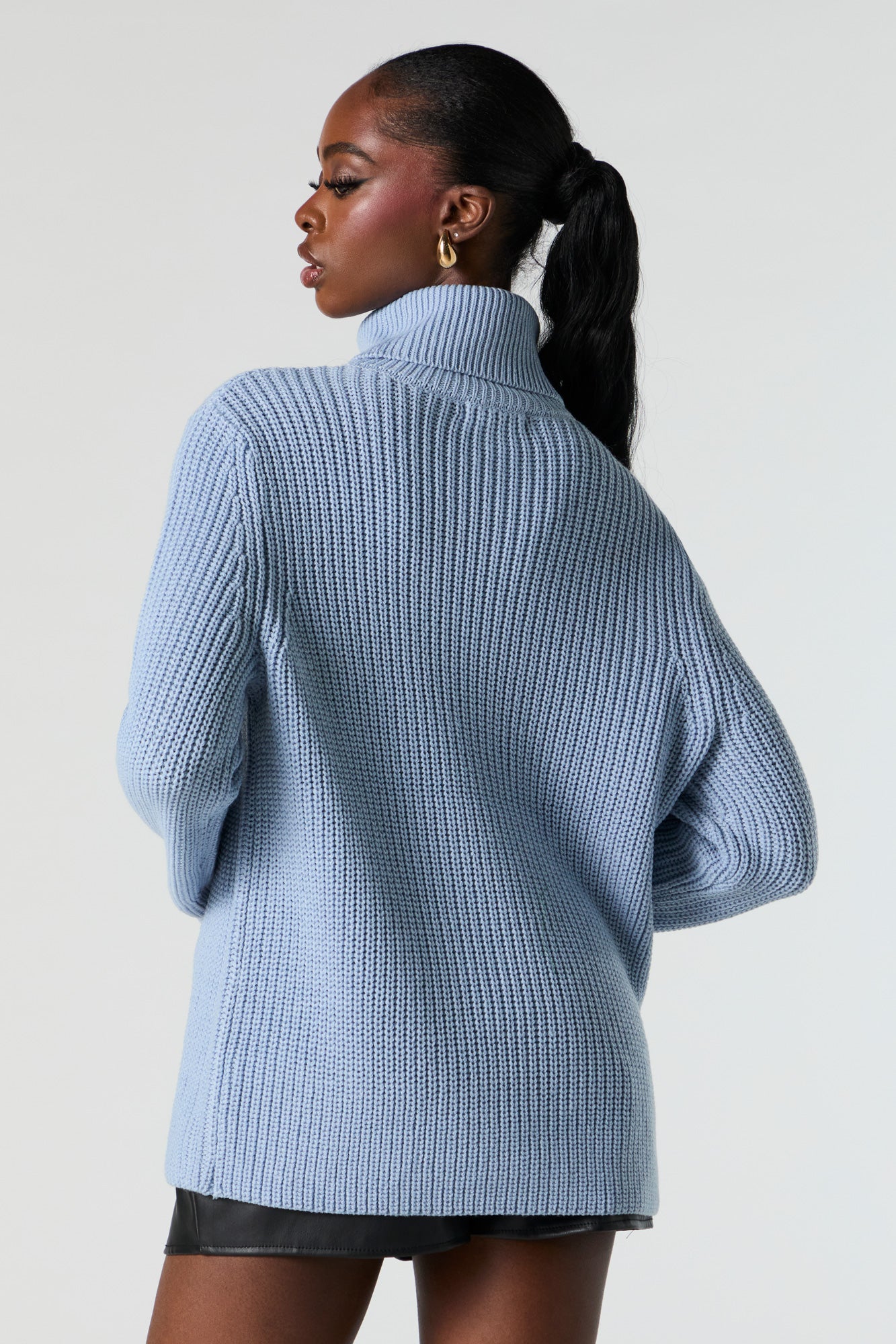 Ribbed Knit Turtleneck Tunic Sweater