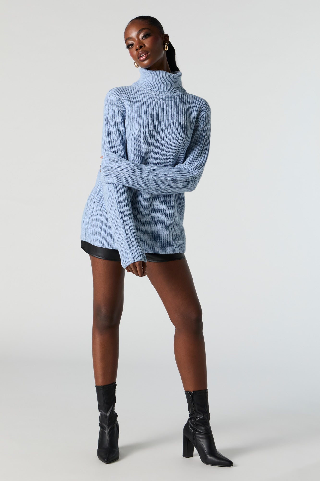 Ribbed Knit Turtleneck Tunic Sweater