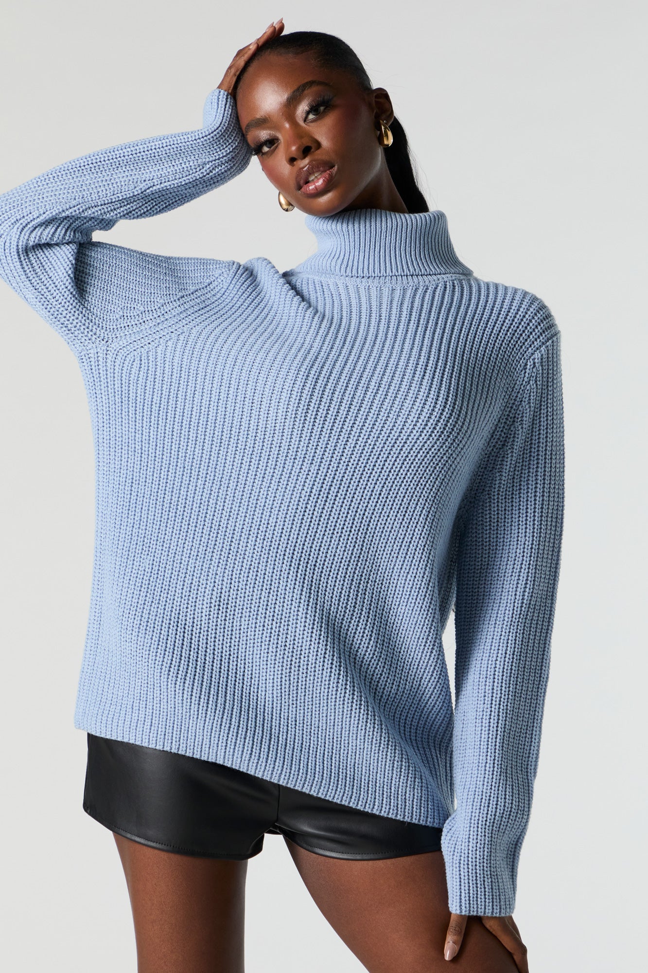 Ribbed Knit Turtleneck Tunic Sweater