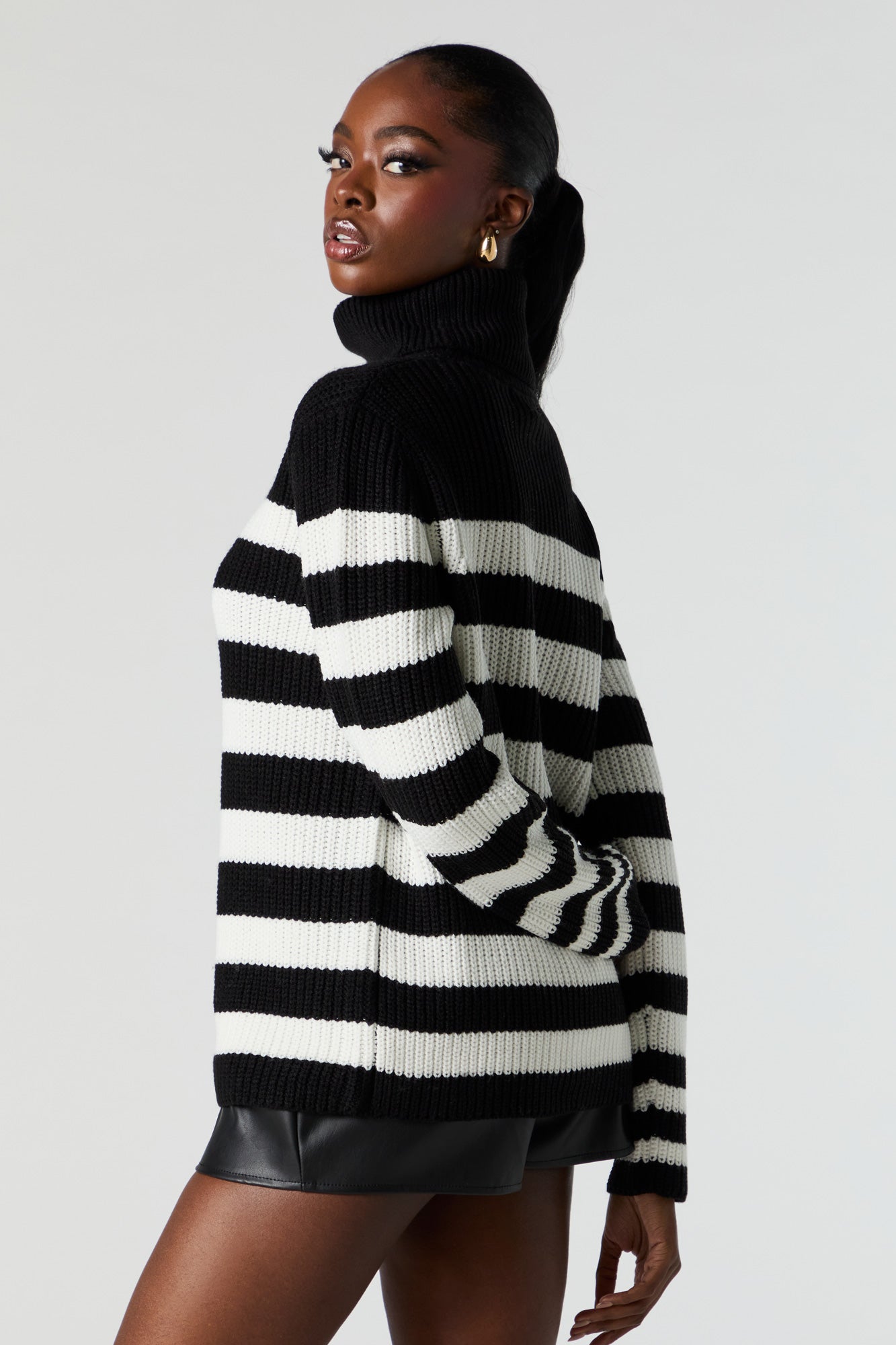 Striped Ribbed Knit Turtleneck Tunic Sweater