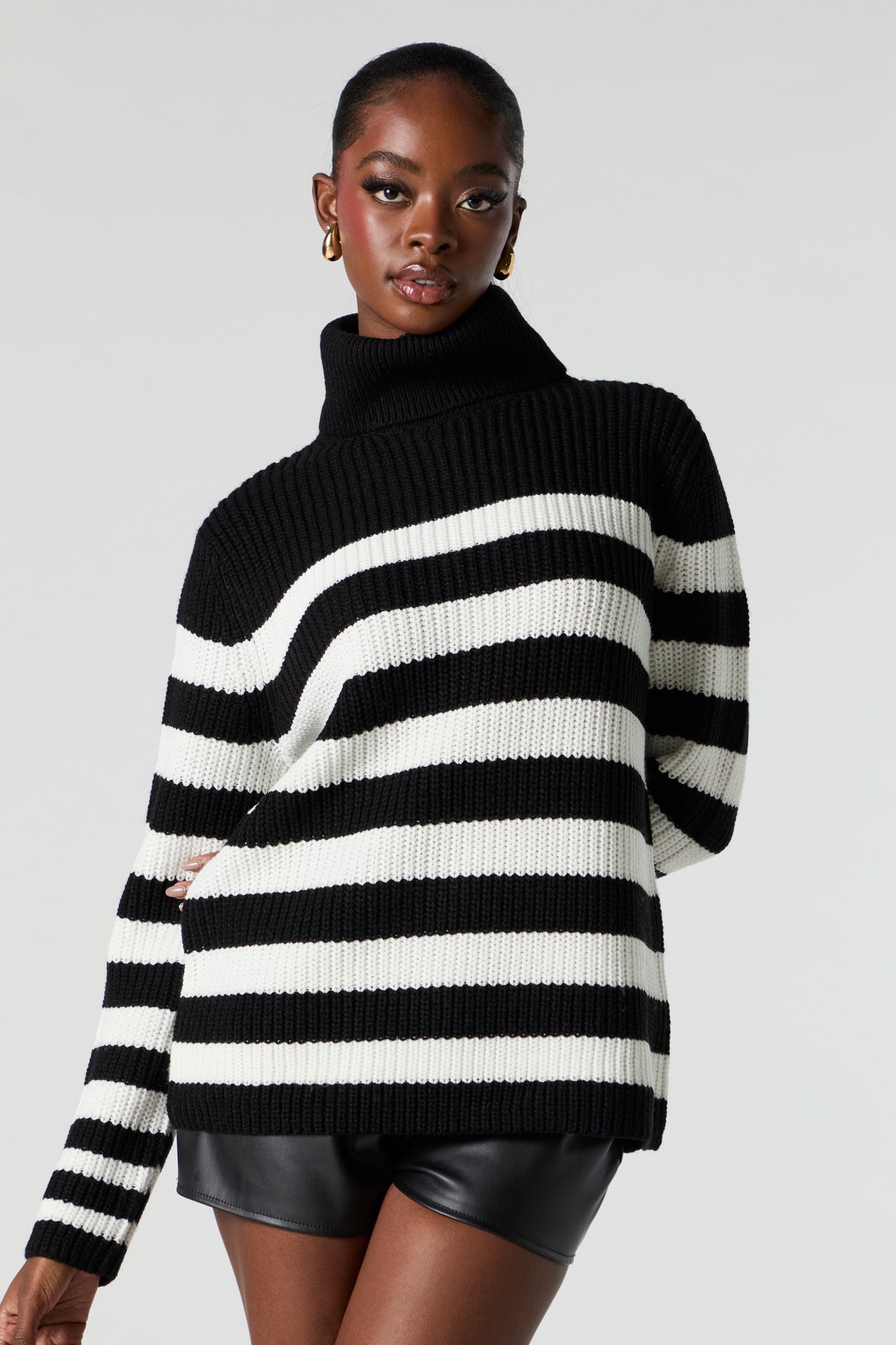 Striped Ribbed Knit Turtleneck Tunic Sweater