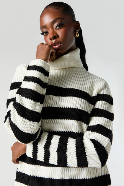 Striped Ribbed Knit Turtleneck Tunic Sweater