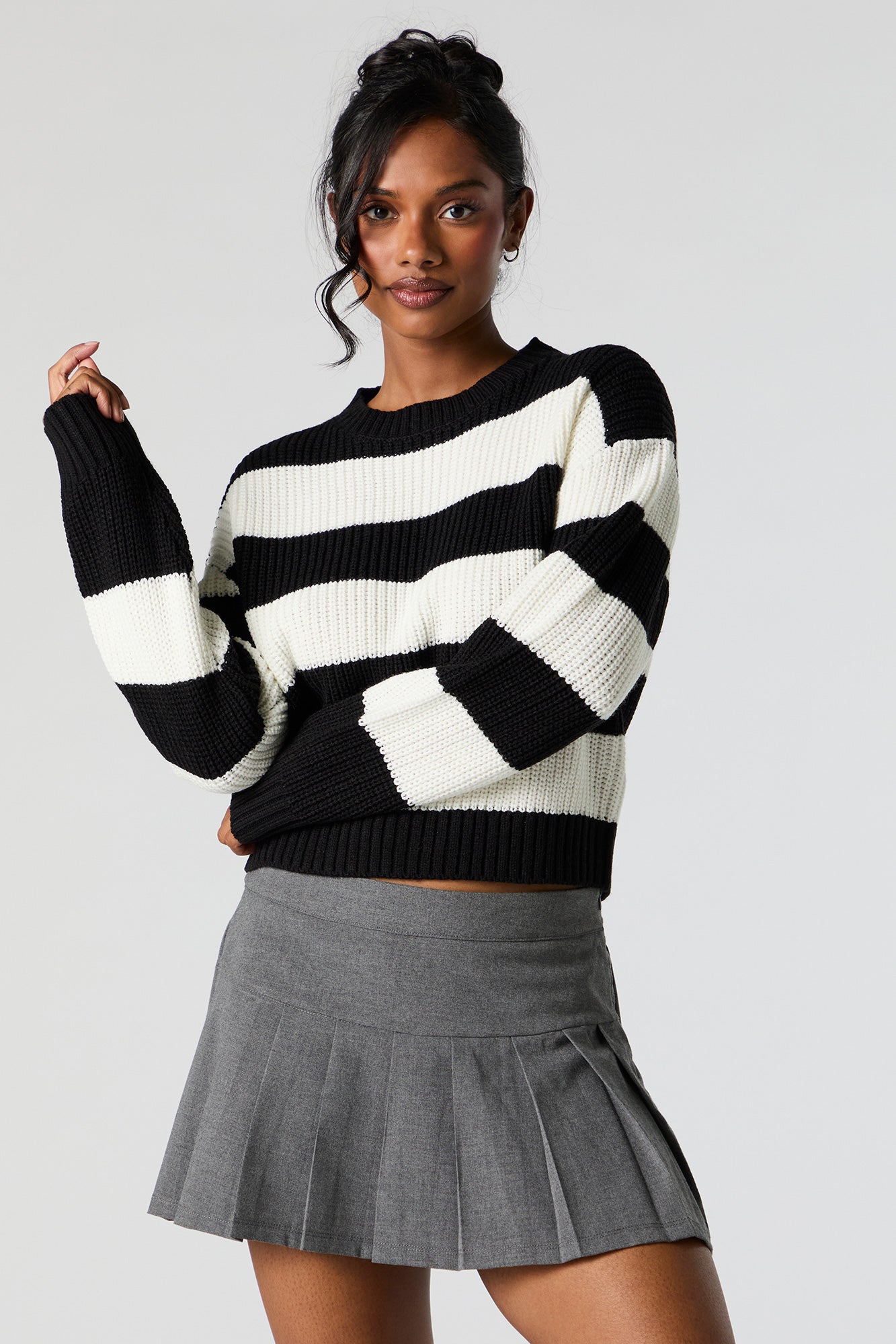 Wide Striped Ribbed Knit Crewneck Sweater