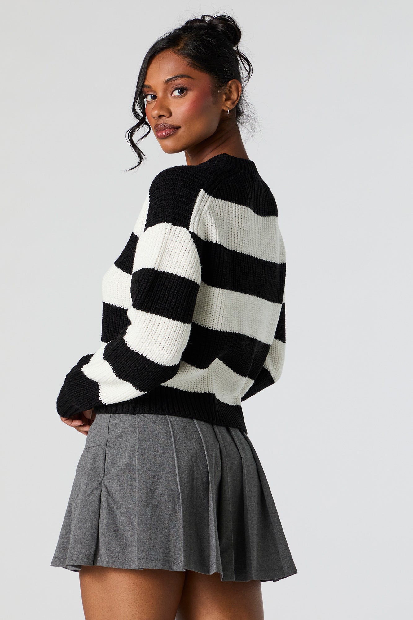 Wide Striped Ribbed Knit Crewneck Sweater