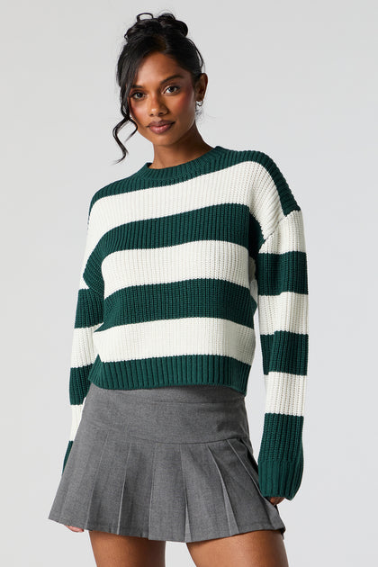 Wide Striped Ribbed Knit Crewneck Sweater