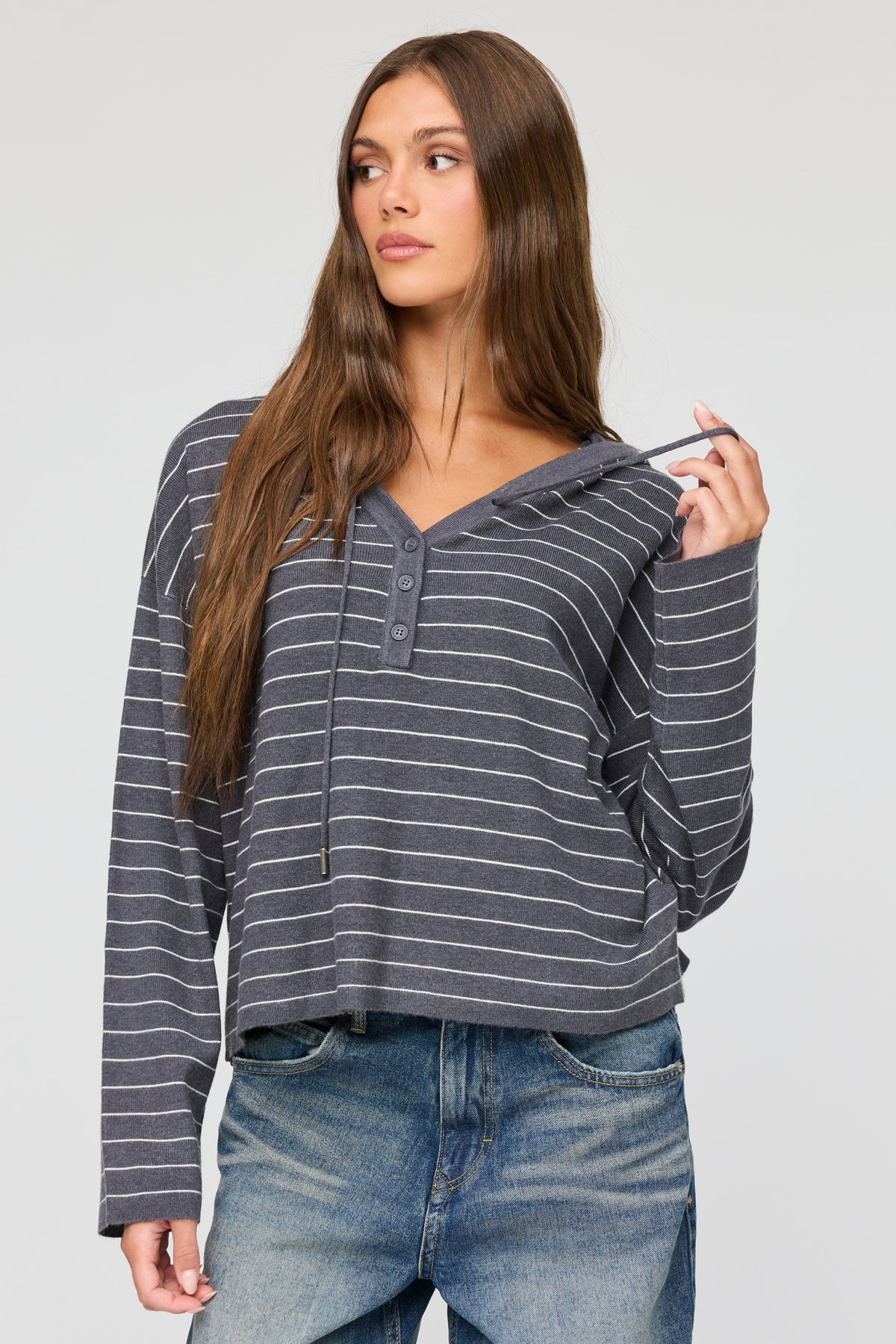 Striped Hooded Sweater - Charcoal