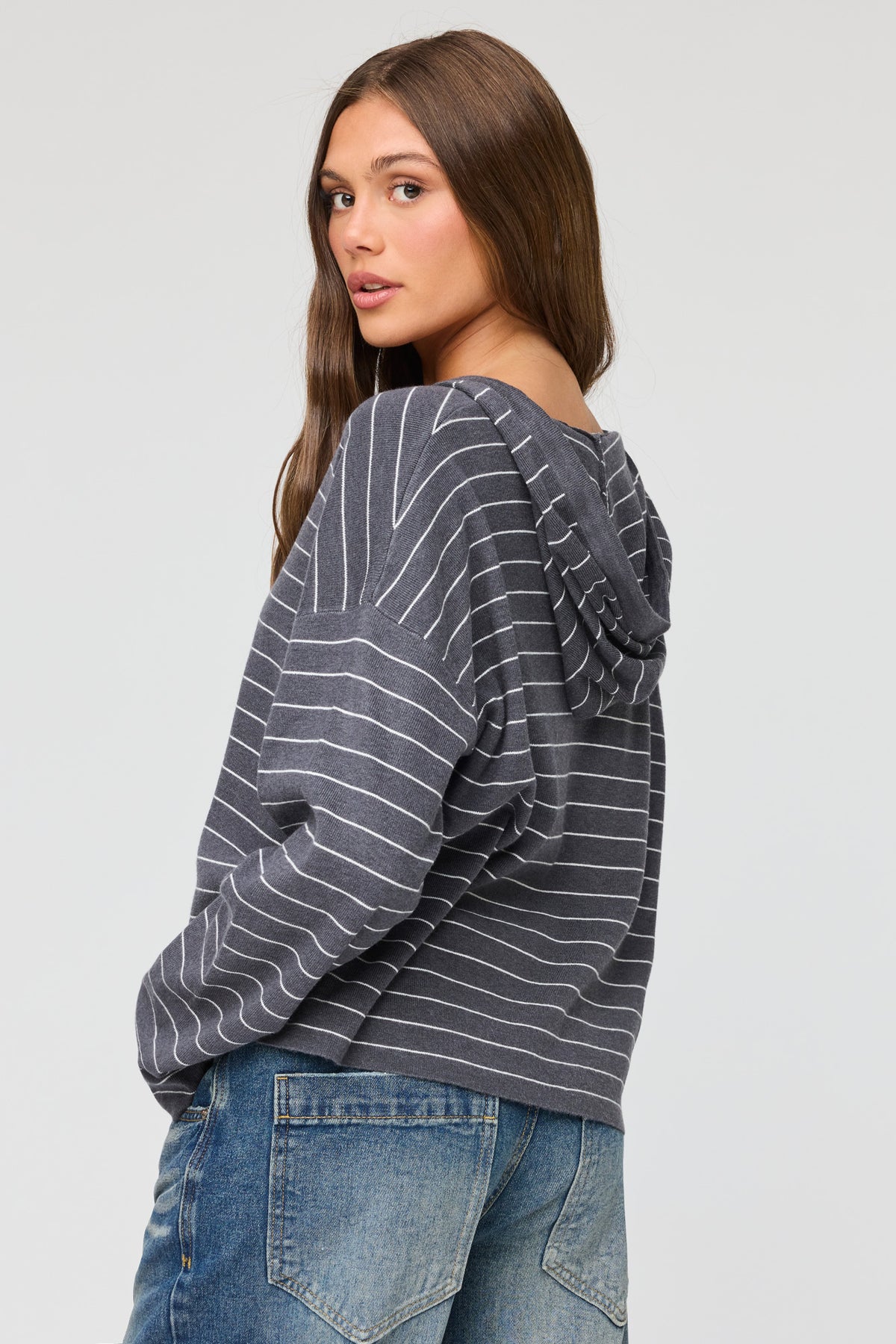 Alt View 2. Striped Hooded Sweater - Charcoal