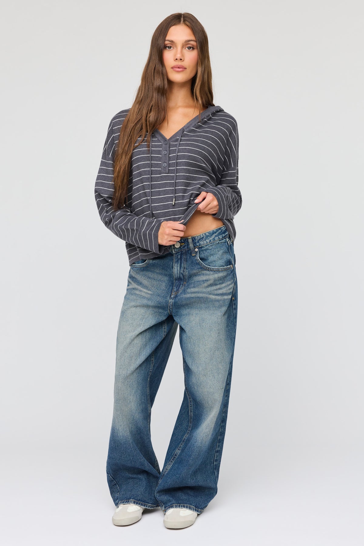 Alt View 3. Striped Hooded Sweater - Charcoal