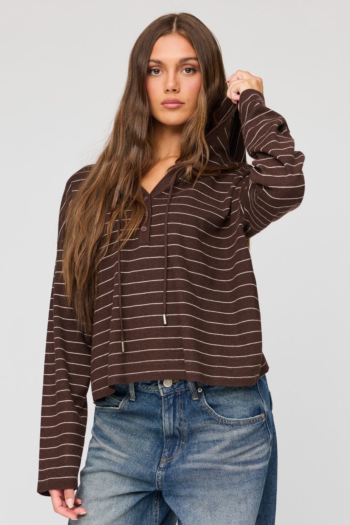 Striped Hooded Sweater - Brown