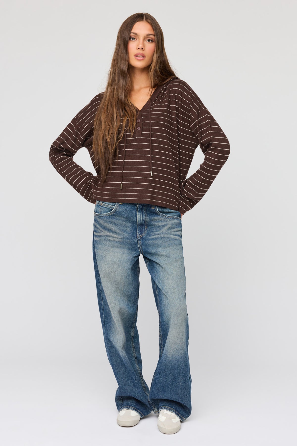 Alt View 3. Striped Hooded Sweater - Brown