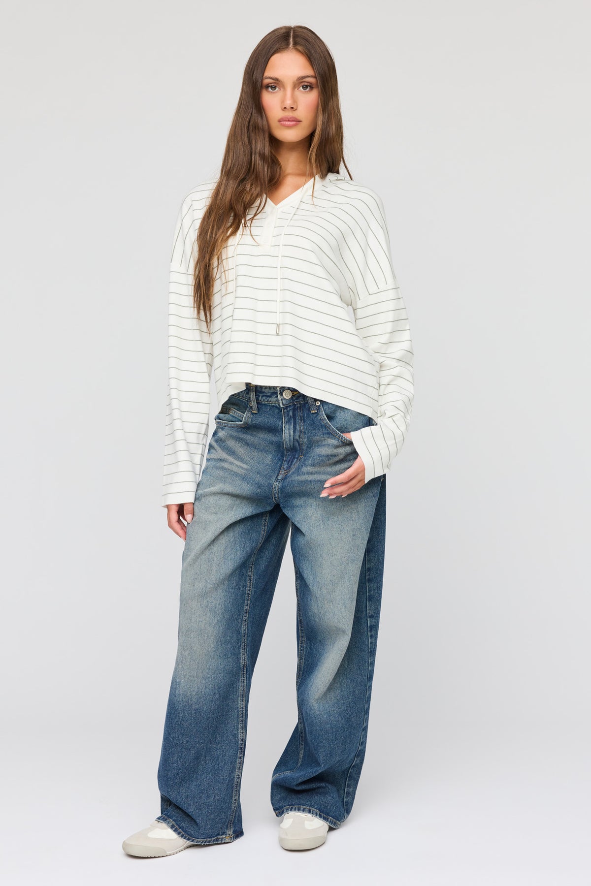 Alt View 3. Striped Hooded Sweater - Ivory