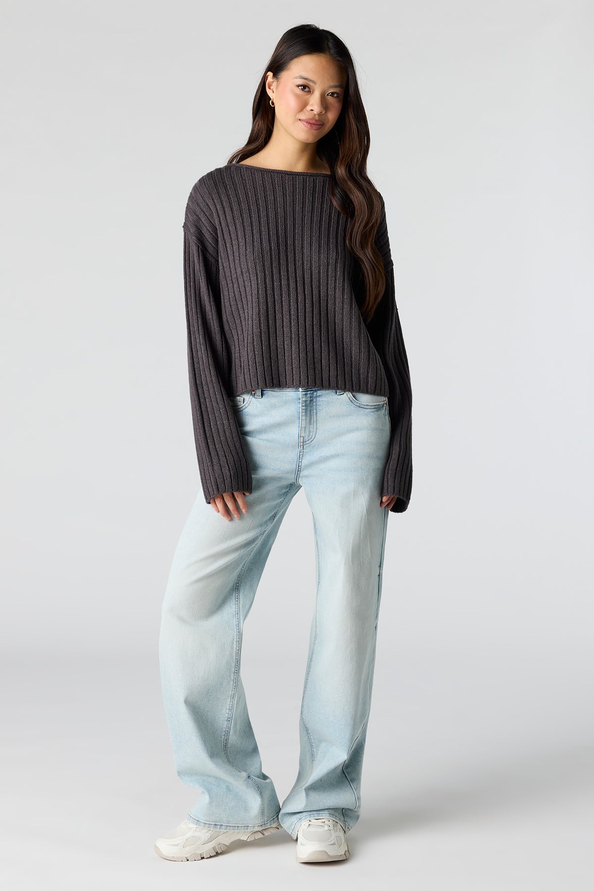Alt View 3. Ribbed Knit Boxy Sweater - Charcoal