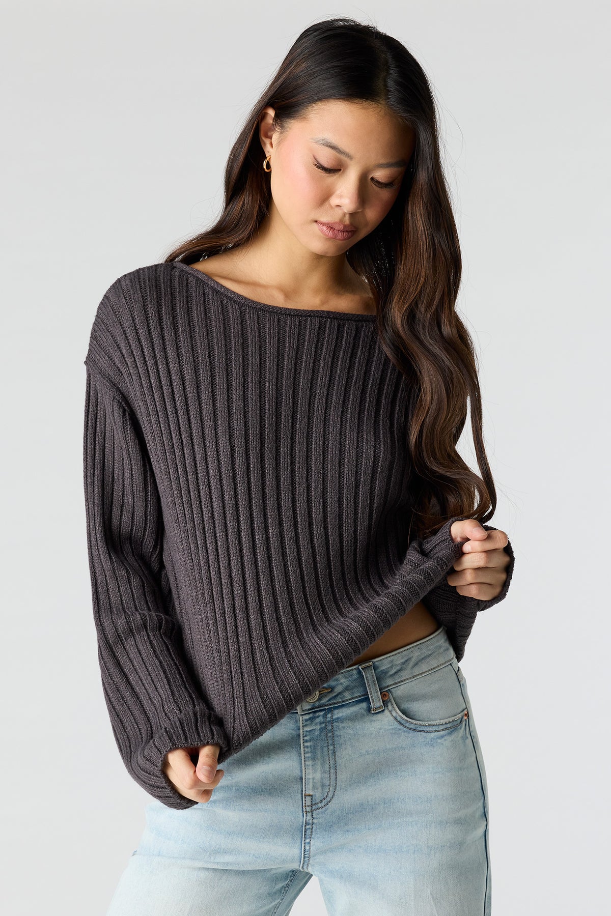 Ribbed Knit Boxy Sweater - Charcoal