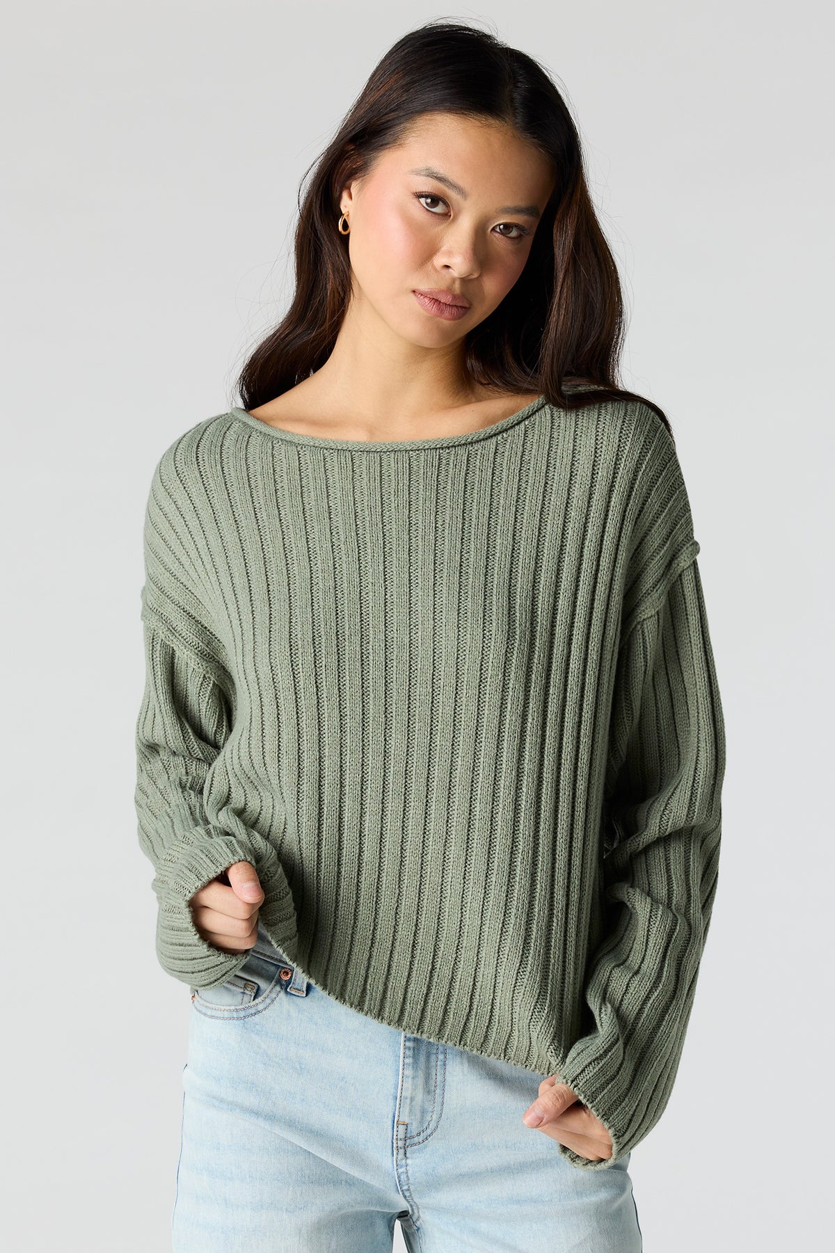 Ribbed Knit Boxy Sweater - Sage