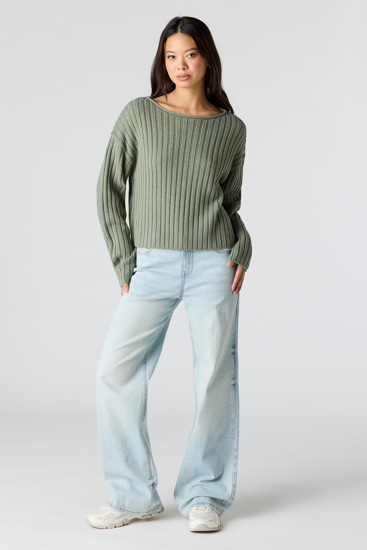 Alt View 3. Ribbed Knit Boxy Sweater - Sage