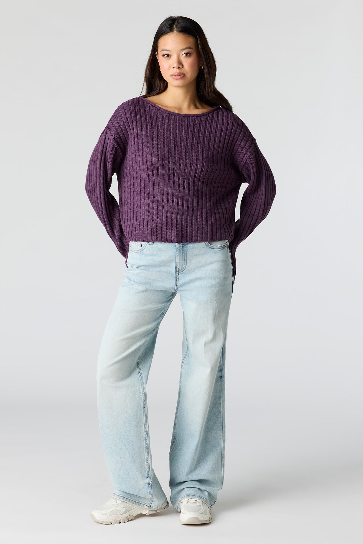 Alt View 3. Ribbed Knit Boxy Sweater - Plum