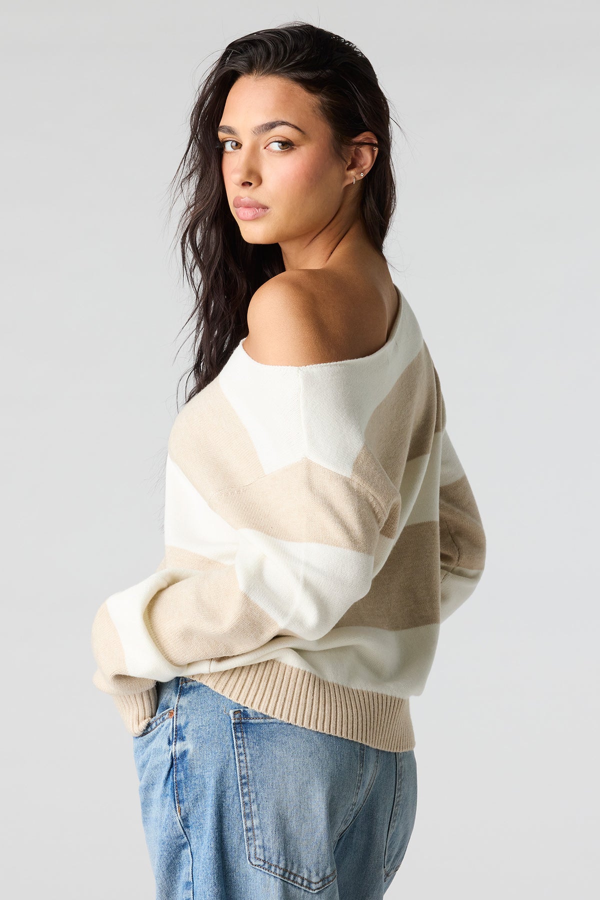 Alt View 2. Oversized Striped Off-Shoulder Sweater - Oatmeal