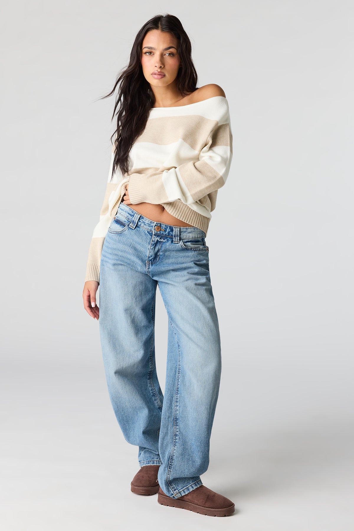 Alt View 3. Oversized Striped Off-Shoulder Sweater - Oatmeal