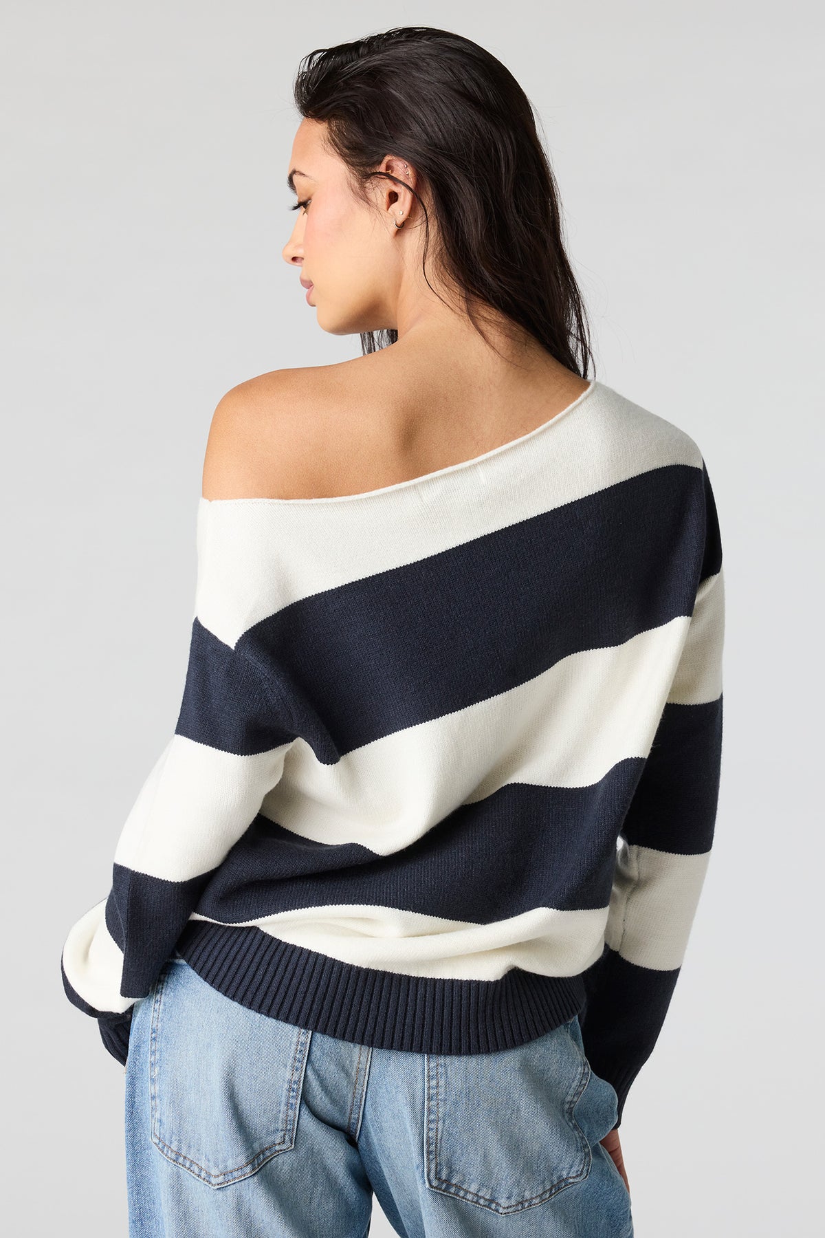 Alt View 2. Oversized Striped Off-Shoulder Sweater - Navy