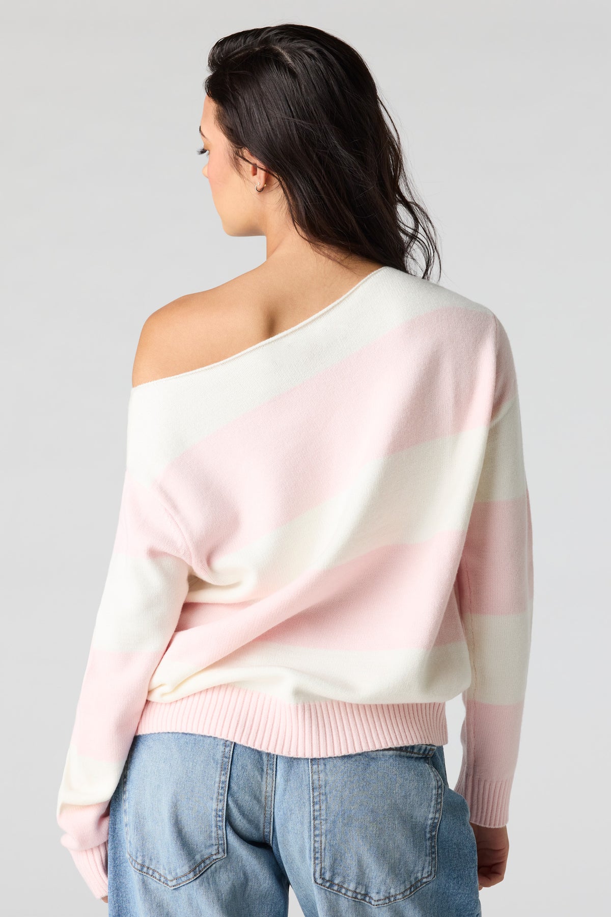 Alt View 2. Oversized Striped Off-Shoulder Sweater - Pink