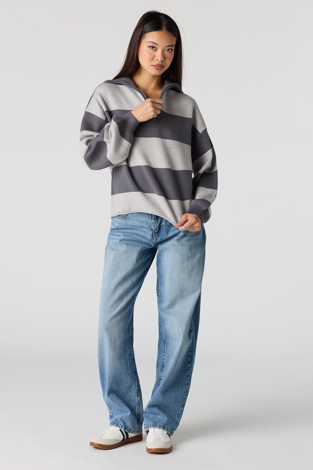 Alt View 3. Striped Zip Sweater Polo - Heather Grey
