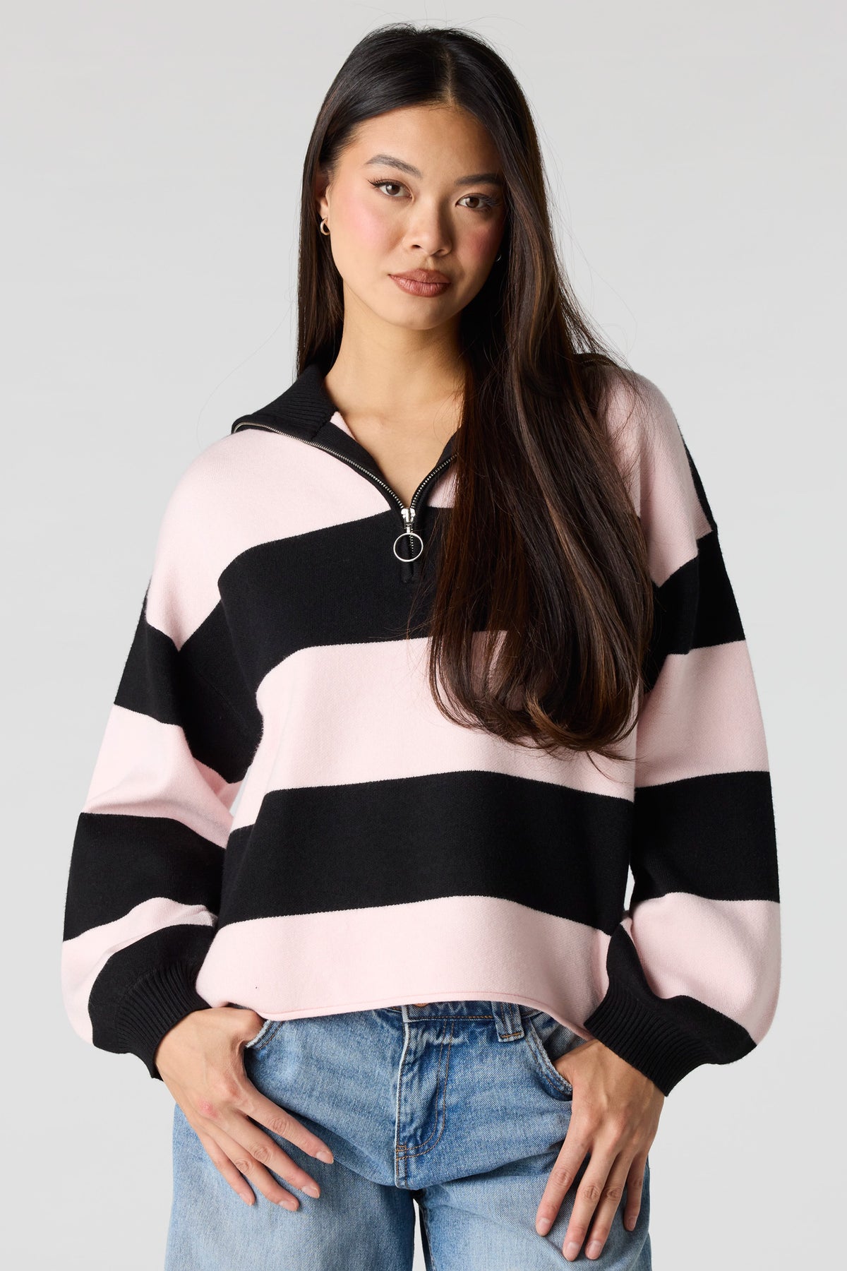 Alt View 11. Striped Zip Sweater Polo - Heather Grey