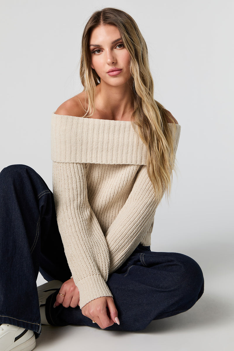 Foldover Off Shoulder Knit Sweater