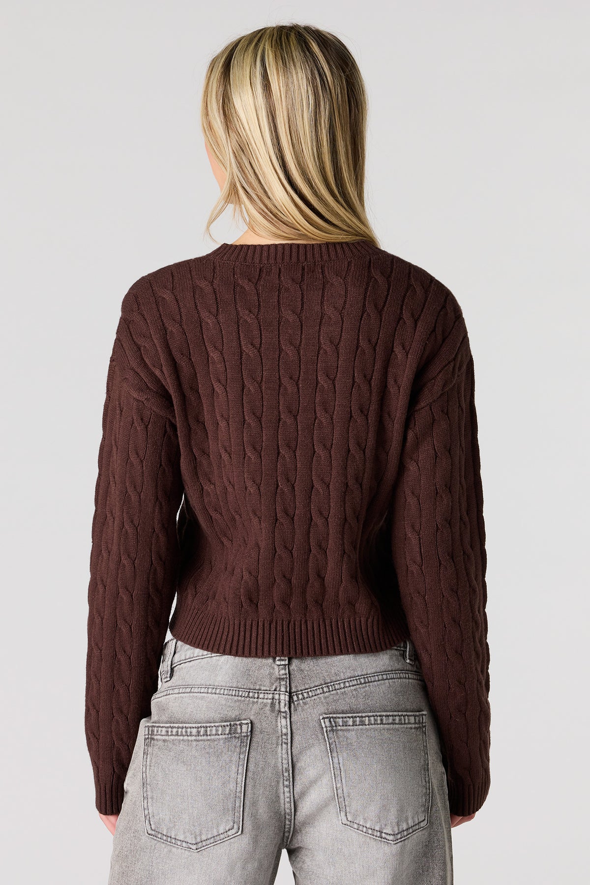 Alt View 2. Embroidered Cable Knit Sweater - Brown