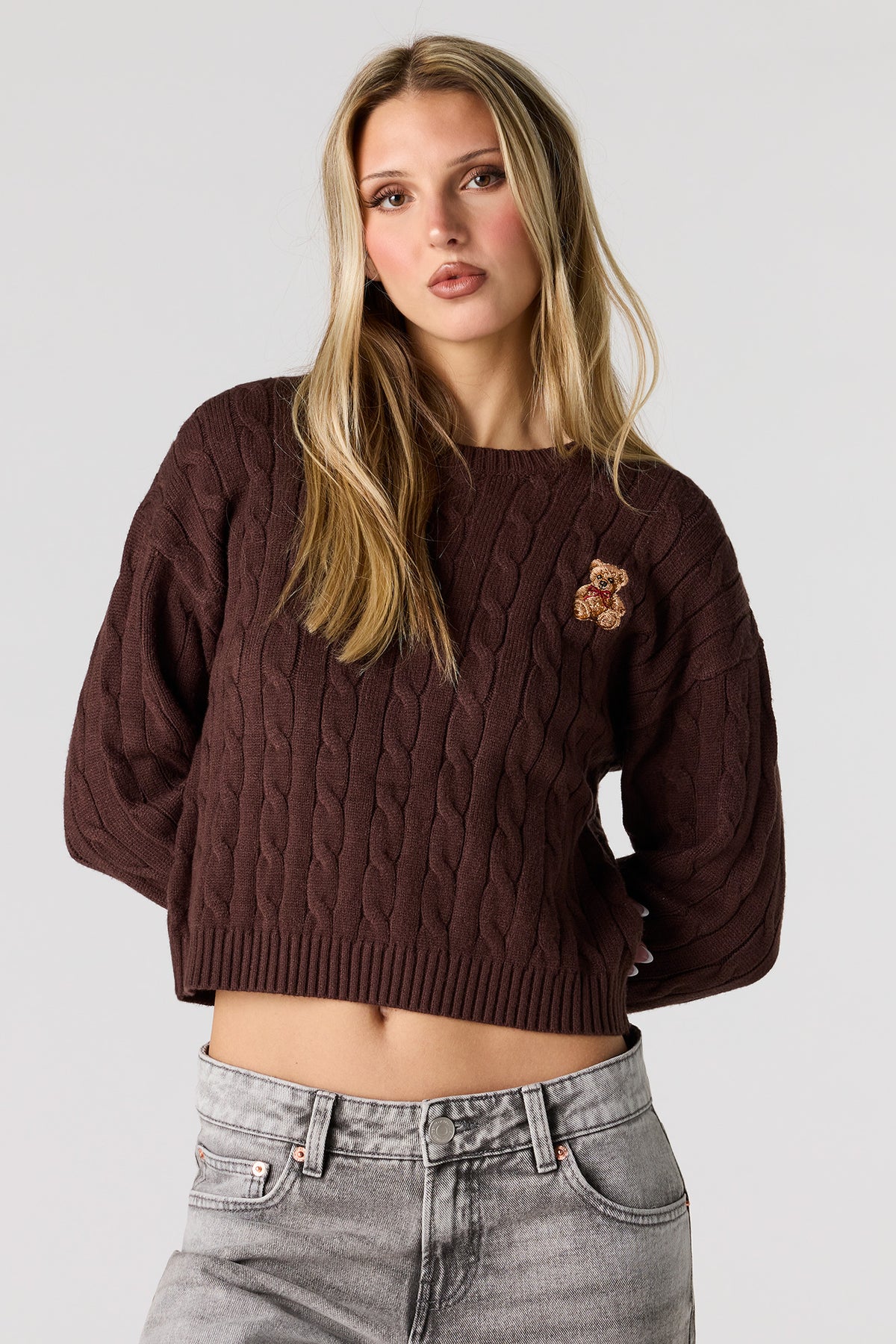 Embroidered Cable Knit Sweater - Brown