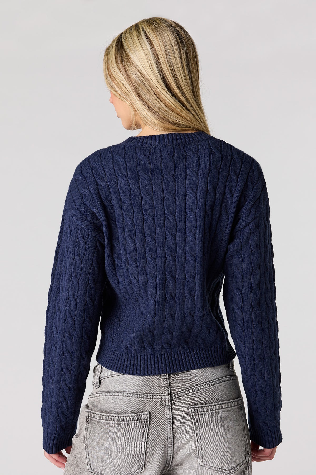 Alt View 2. Embroidered Cable Knit Sweater - Navy