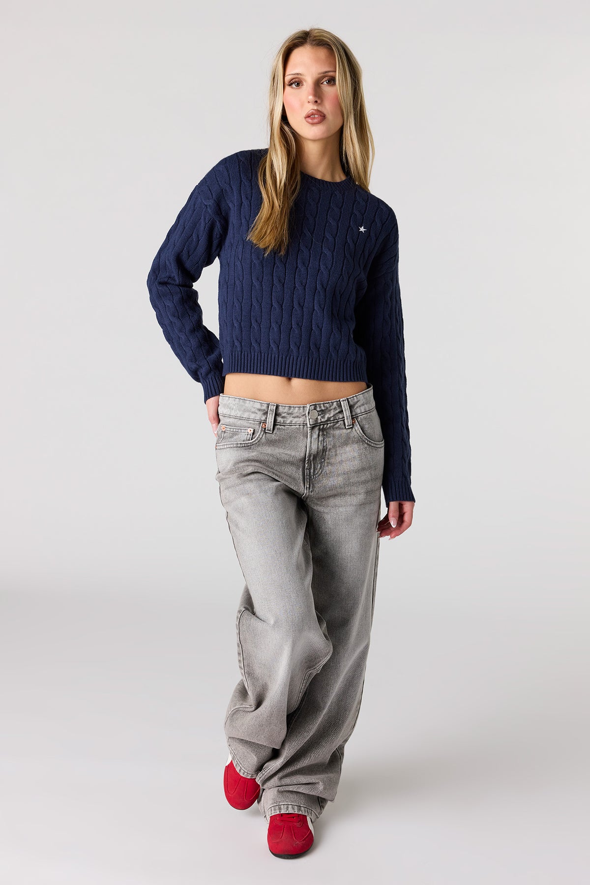 Alt View 3. Embroidered Cable Knit Sweater - Navy