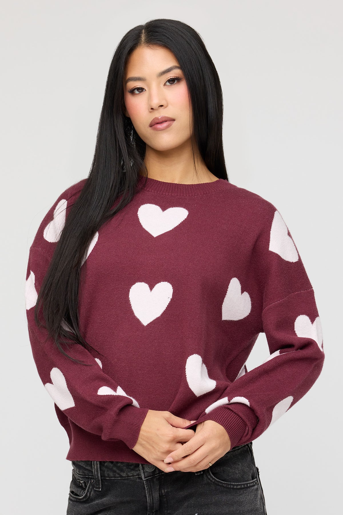 Oversized Jacquard Knit Sweater - Burgundy