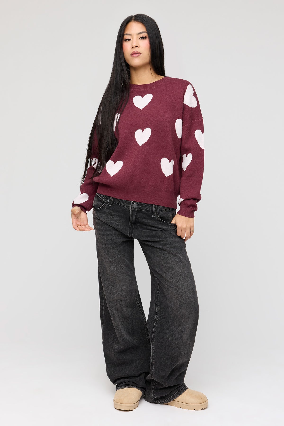 Alt View 3. Oversized Jacquard Knit Sweater - Burgundy