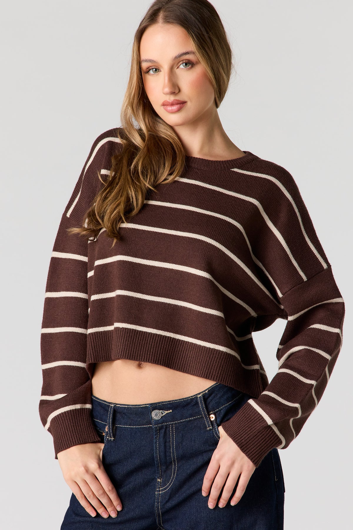 Striped Knit Sweater - Brown