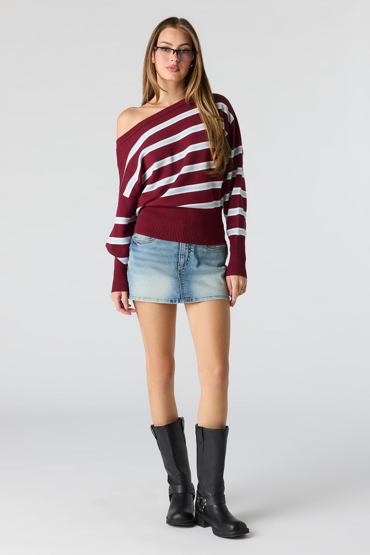 Alt View 3. Striped Dolman Sweater - Burgundy
