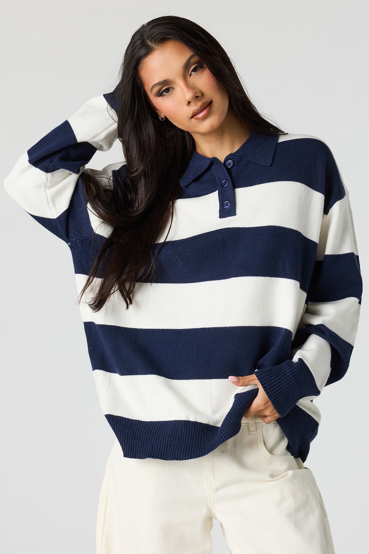 Alt View 4. Striped Knit Polo - Navy