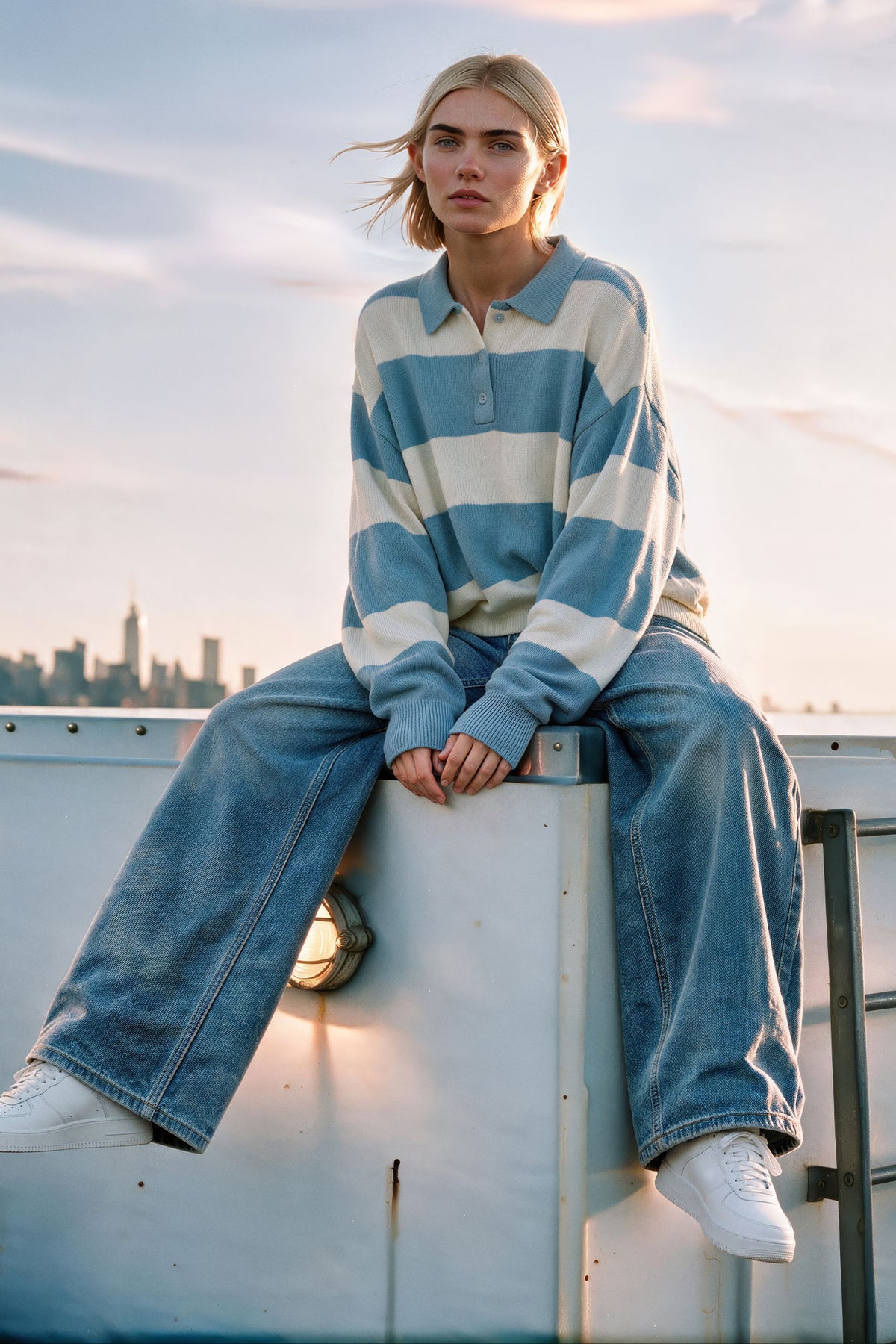 Striped Knit Polo - Sky Blue