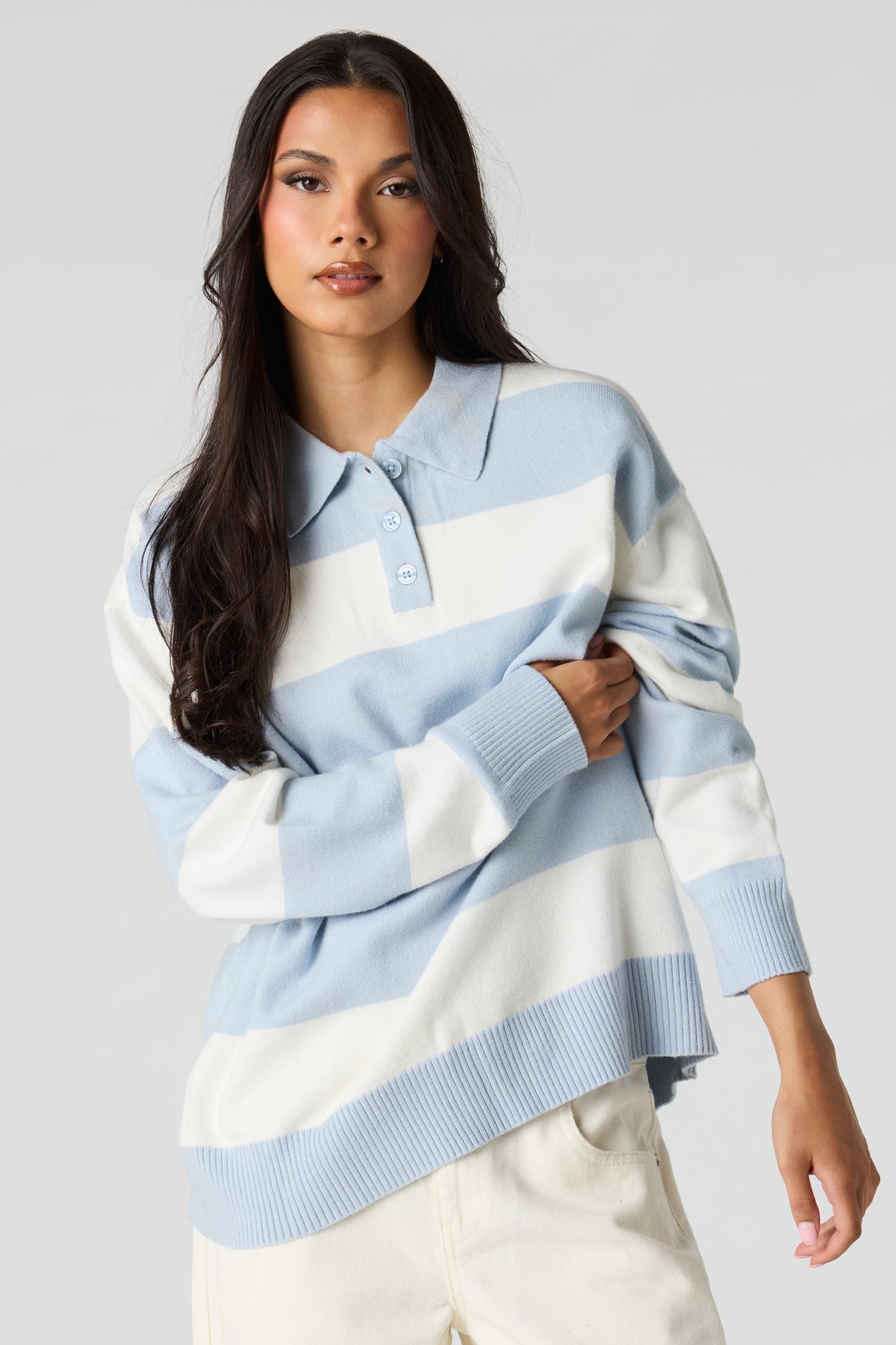 Alt View 4. Striped Knit Polo - Sky Blue
