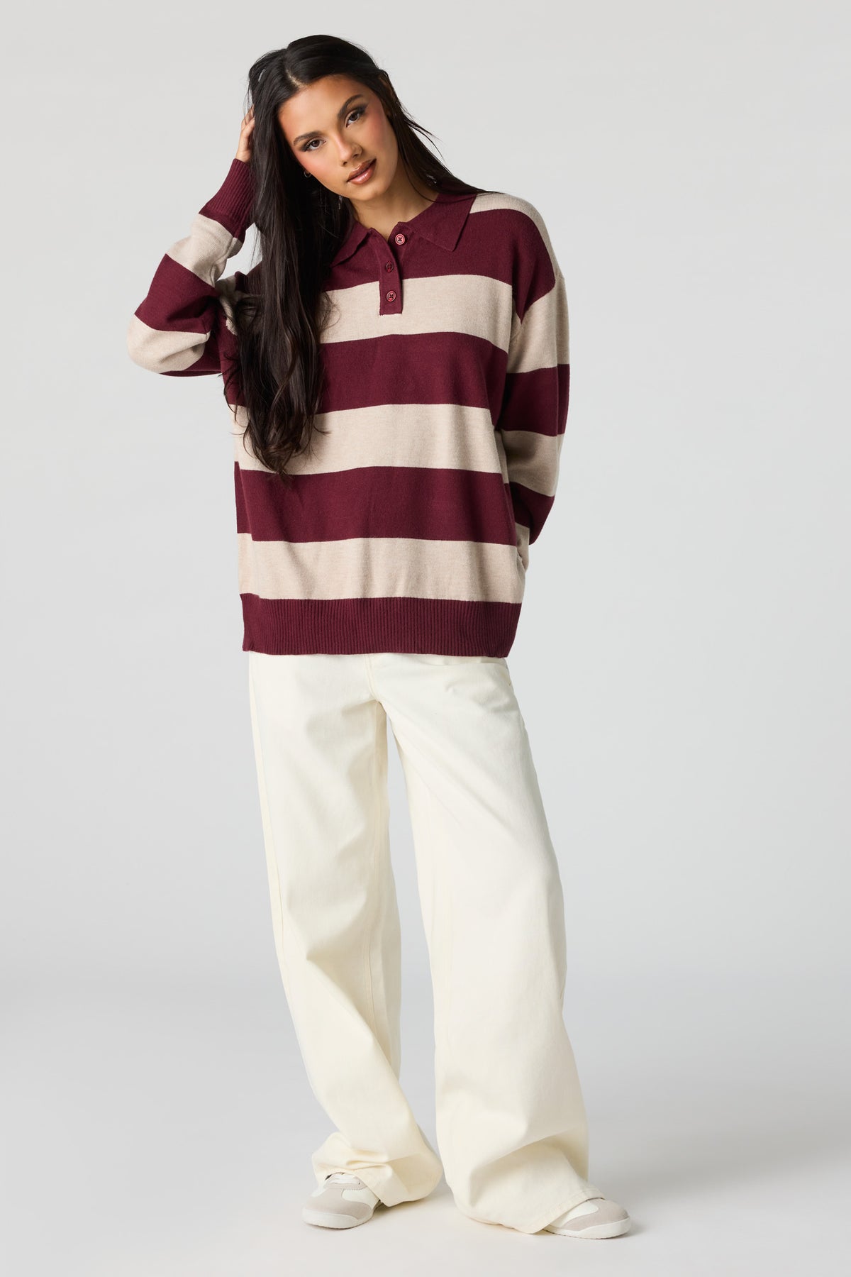 Alt View 3. Striped Knit Polo - Burgundy