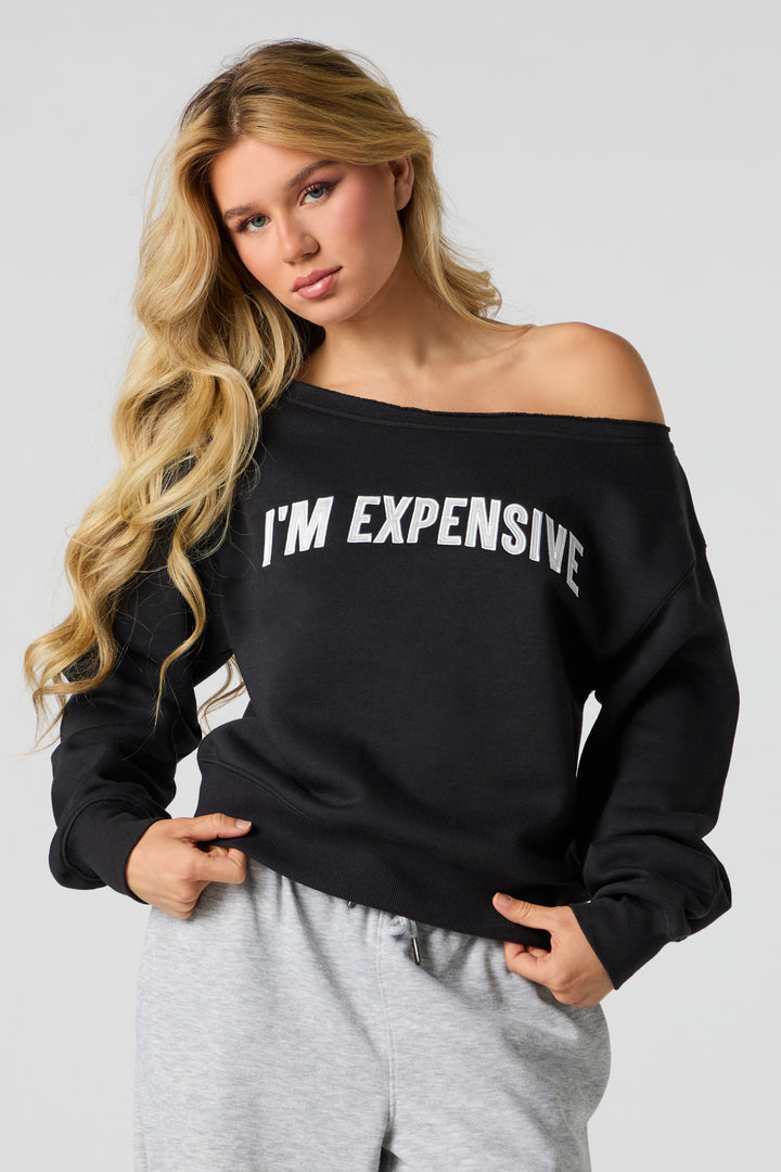 Embroidered Off Shoulder Fleece Sweatshirt