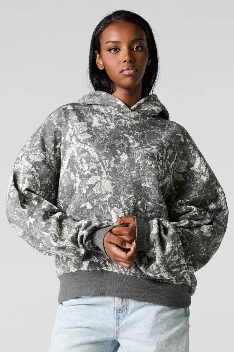 Camo Print Boxy Fleece Hoodie